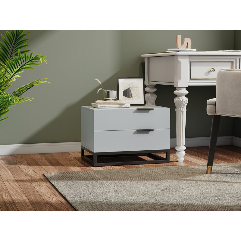 Table de chevet élégante et fonctionnelle avec deux tiroirs et incrustation de miroir, parfaite pour les chambres à coucher modernes