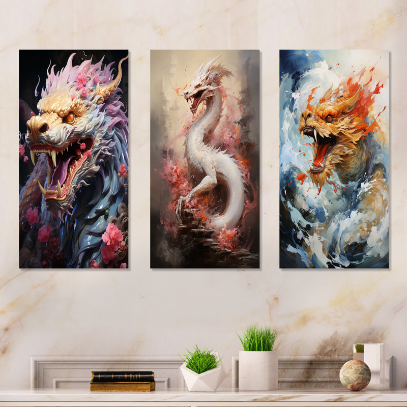 «China Dragon Dance I», ensemble de 3 reproductions d'art sur toile, Toile tendue, H 28 po x l 36 po