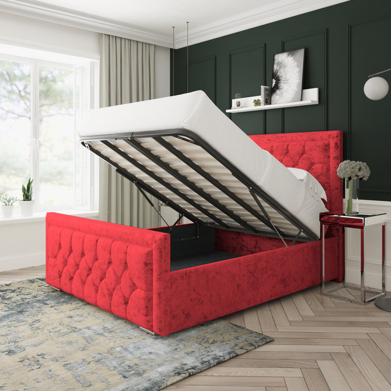 Maple Crushed Velvet Upholstered Ottoman Bed Frame, Single (3'), Red