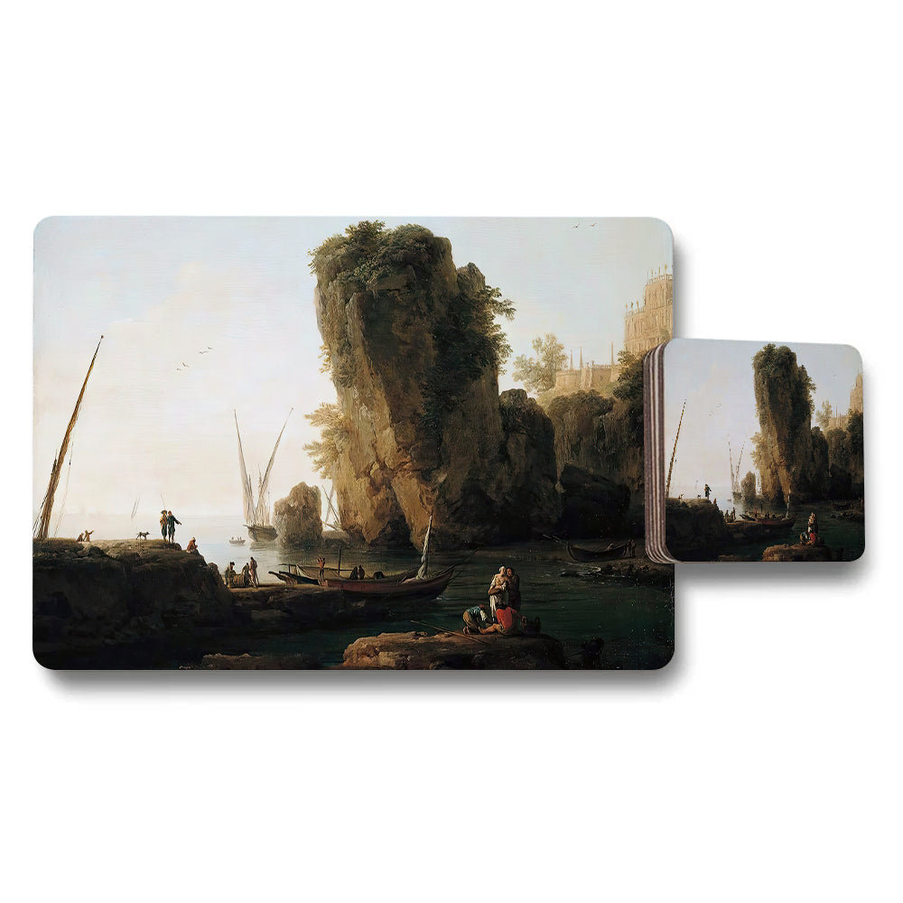 Seascape Placemat And Coaster Set With Rocky Cliffs And Boats