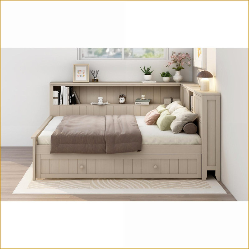 Lit de jour en bois de pin massif avec lit gigogne Tablettes de rangement, aucun sommier nécessaire, lait blanc antique
