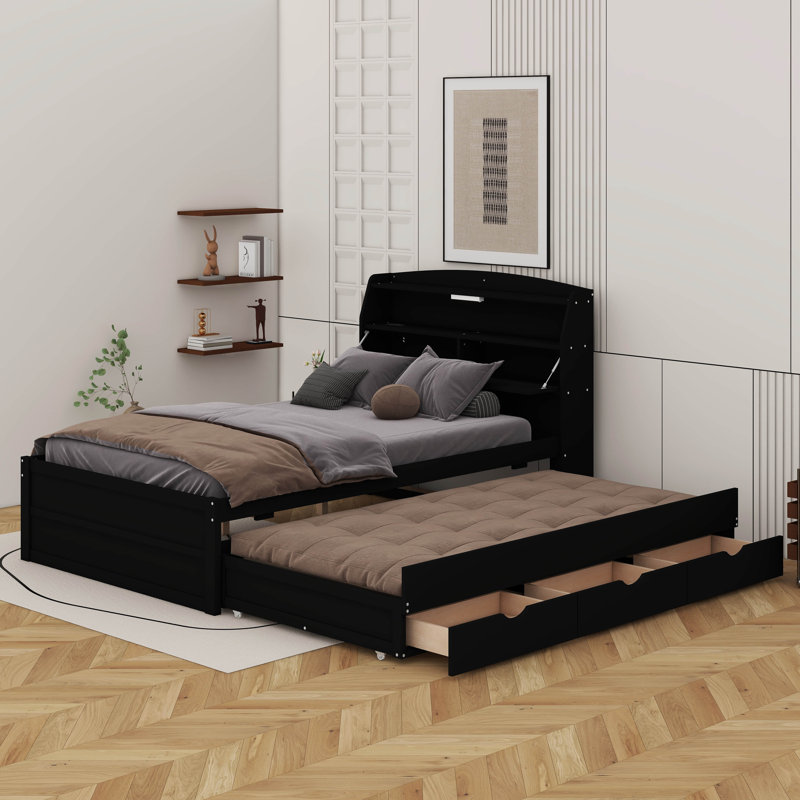 Lit plateforme en bois avec lit gigogne, tête de lit et tiroirs à DEL, Lit double, Espresso