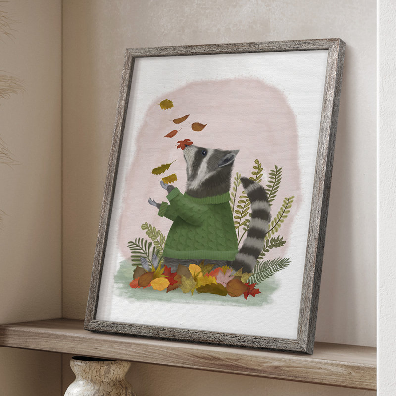 «Raccoon Catching Leaves», reproduction encadrée - bois massif, H 15 po x l 12 po
