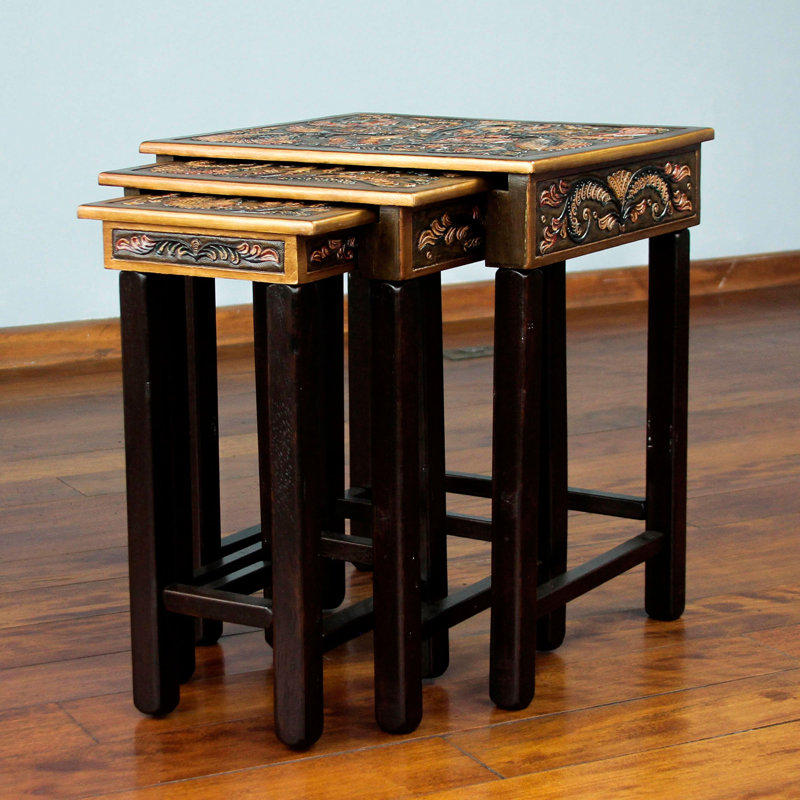 Bird of Paradise Artisan Crafted Tooled Leather Wood Side Table (Set of 3)