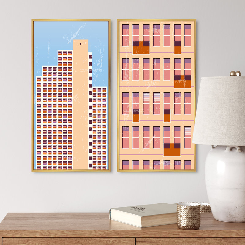 «Modern Architecture in Retro Shades of Pink I», ensemble de 2 impressions, H 20 po x l 24 po x P 1 po, Toile avec cadre doré