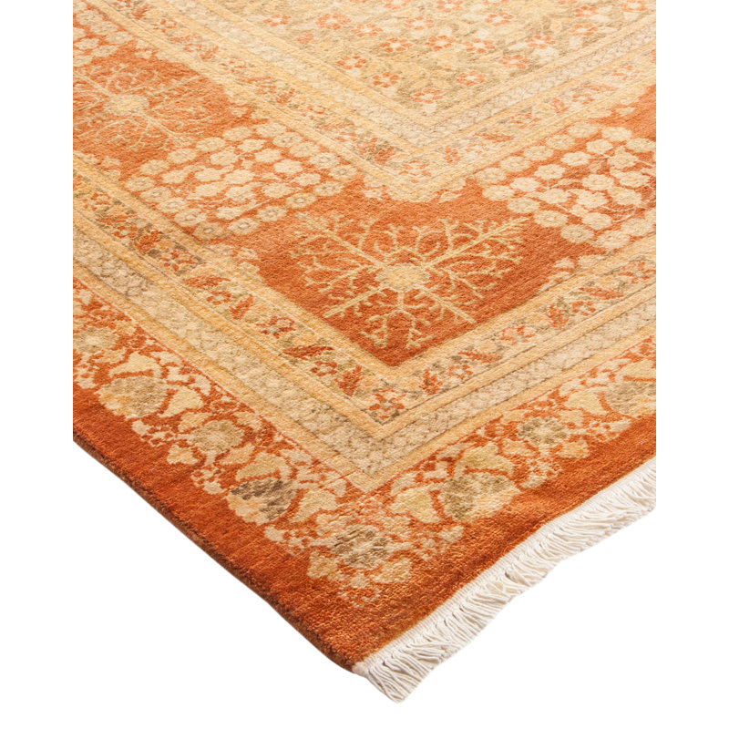 Tapis orange / beige en laine noué à la main de conception unique 6 pi 2 po x 8 pi 9 po Deilkes Mogul