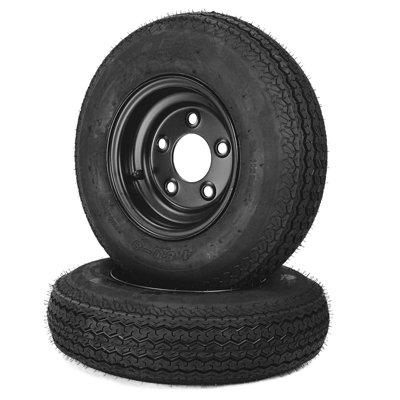 Paquet de 2 pneus de remorque à 5 crochets de 4,80 à 8 avec jantes en acier noir de 8 po, plage de charge à 6 plis C, motif de boulons de 5 crochets de 4,5 po, pneus de 4,80 x 8 robustes pour bateaux, camping-car et remorques utilitaires