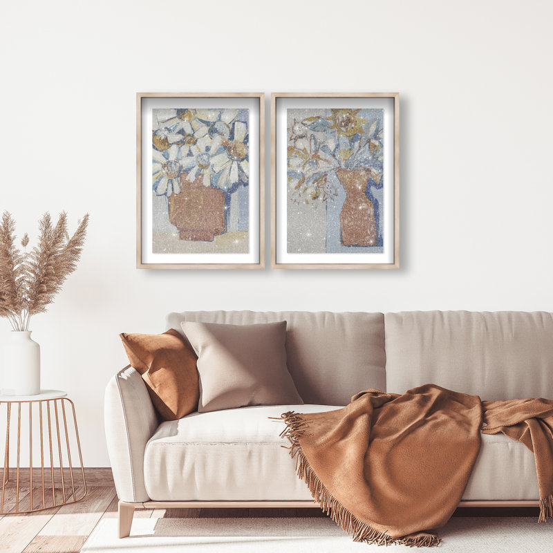 Abstract Flowers Set Shadowbox Abstract Print by Oliver Gal, Black Frame, 10 x 15, 31" H x 21" W, Natural Oak Shadowbox