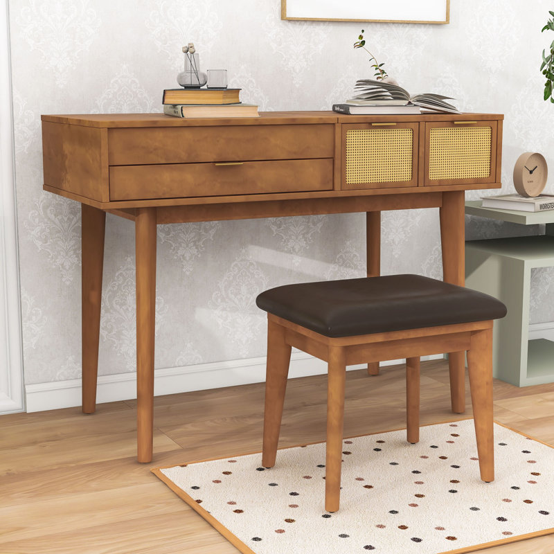 Bureau de maquillage pour coiffeuse avec miroir rabattable, tiroirs de rangement et tabouret, Brun