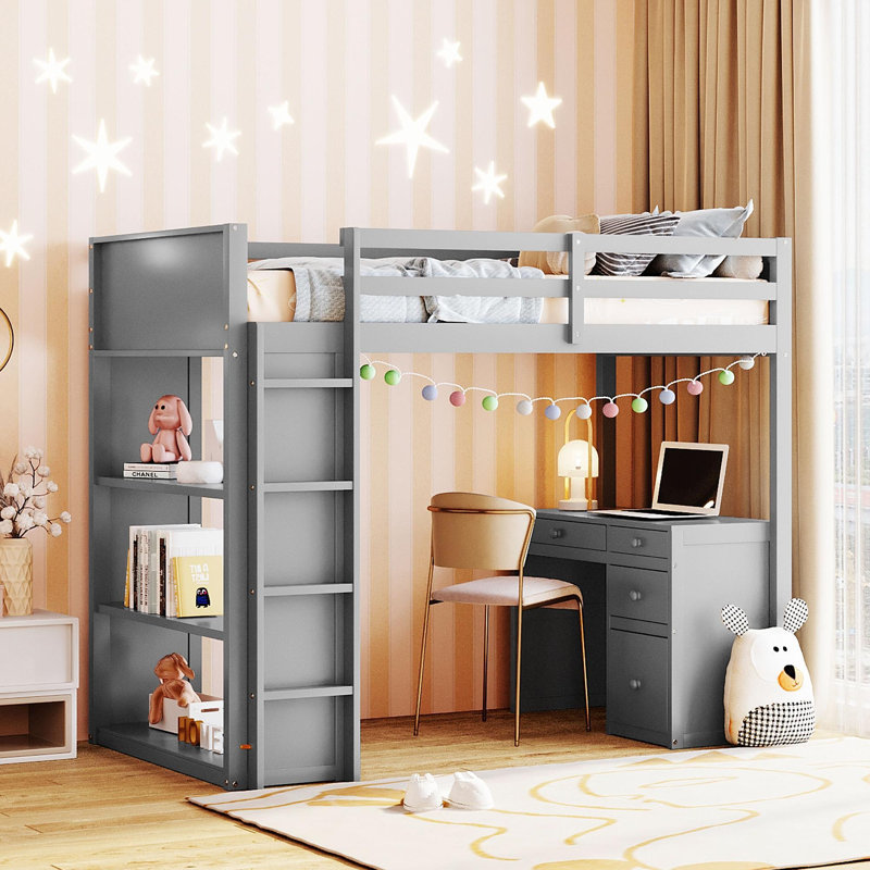 Lit mezzanine simple avec échelle, tablettes et bureau, gris