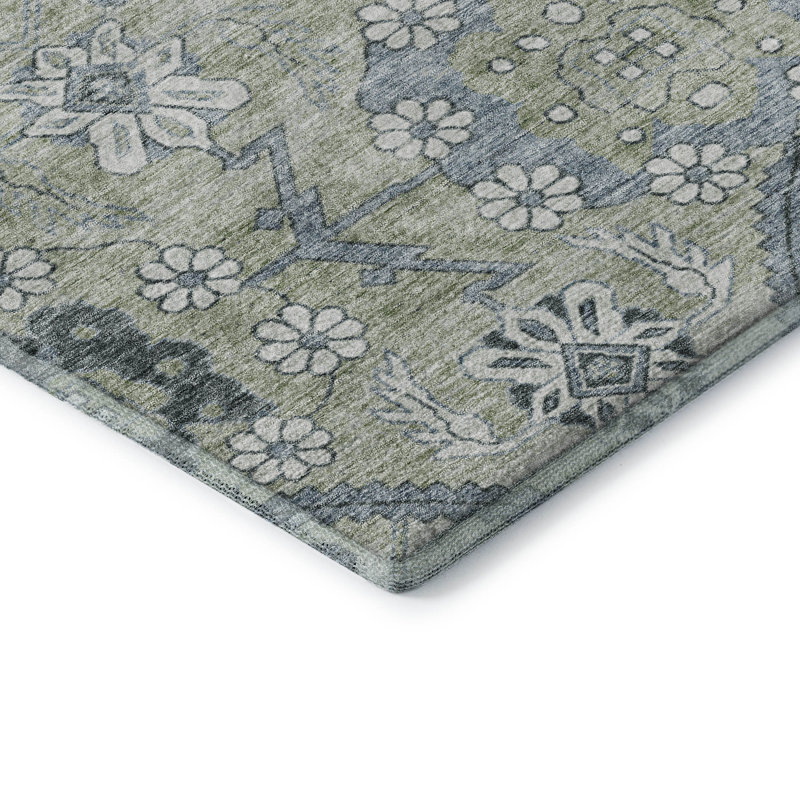 Premium Washable Green and Gray Synthetic Rectangular Rug