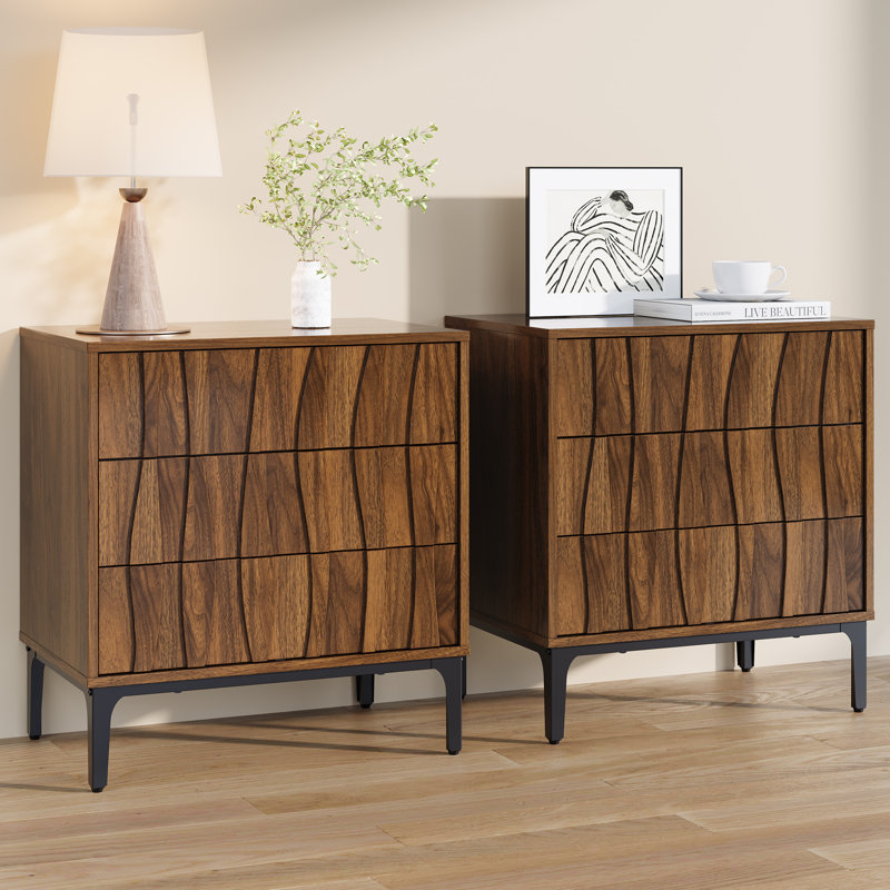 Mid-Century Modern 3-Drawer Nightstand with Textured Wood Fronts, Set of 2, Brown