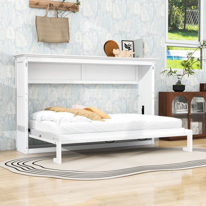 Armoire murale Murphy avec lattes et pieds, Lit simple, Blanc