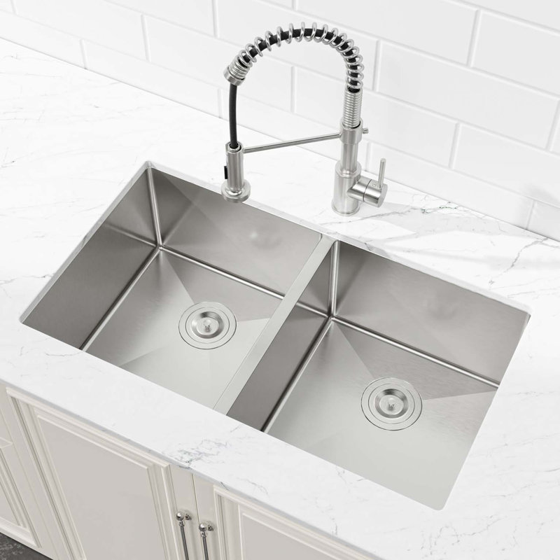 33"x19" Embedded Double Bowl Kitchen Sink, Undermount Handmade Sink in Brushed (Sink only), ‎Modern Kitchen Sink
