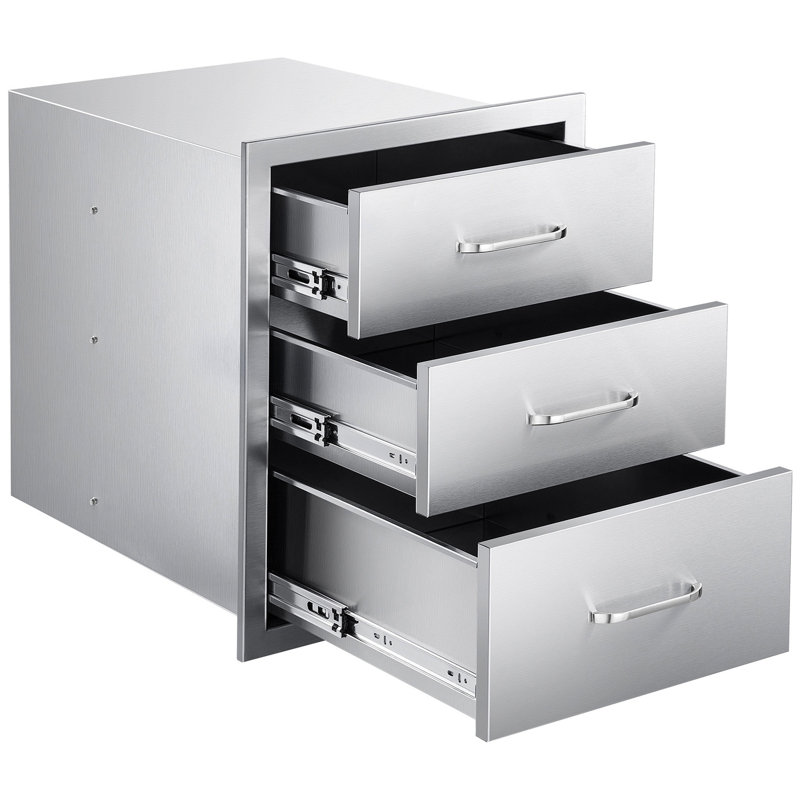 Tiroirs pour barbecue 46 cm (l) x 59 cm (p) x 59 cm (h), en acier inoxydable pour usage extérieur, accès triple avec poignées, grand espace de rangement, surface brossée lisse, facile à nettoyer.
