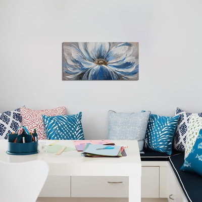 Fleur, art mural sur toile pour le salon, grande fleur bleue bleue, estampe numérique, peinture, décoration murale encadrée, prête à être accrochée pour la maison, décoration murale, taille 20 x 40