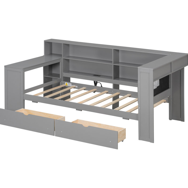 Twin Platform Bed Of Wood, With Upholstered Headboard, Multiple Storage, Charging, Led And Built - In Desk, Grey Tone Blend Wood Featuring Storage Shelves, Drawers, Ambiance, Headboard End Color