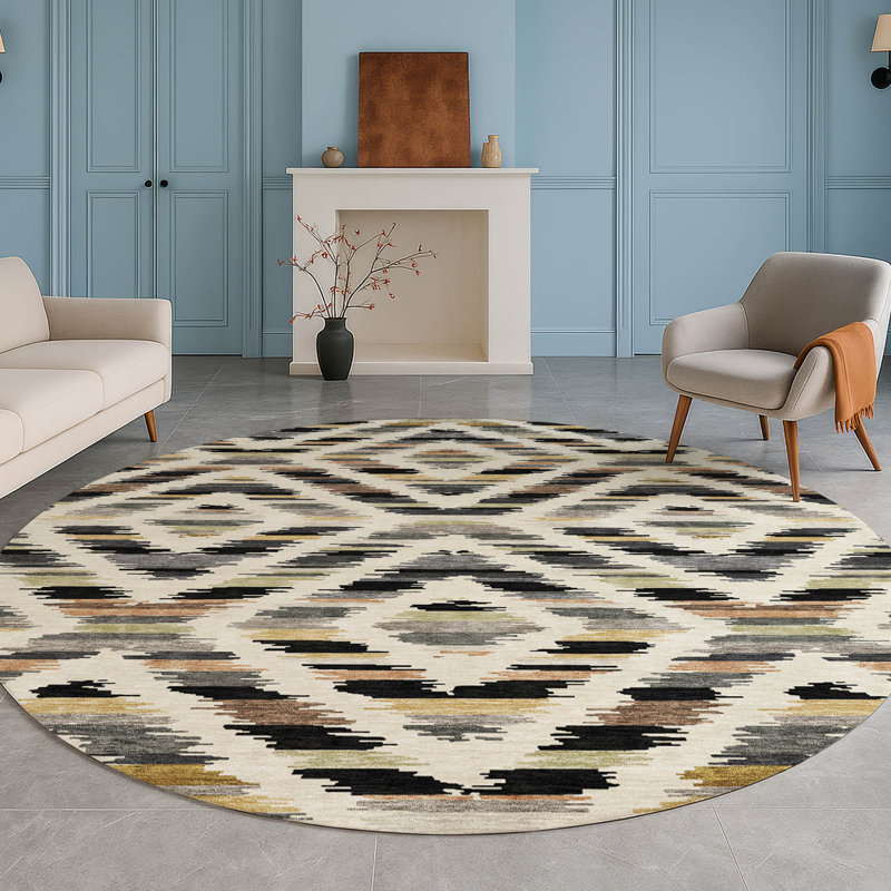 Machine Washable Indoor/Outdoor Chantille Tribal Rug, 8' Round, Black