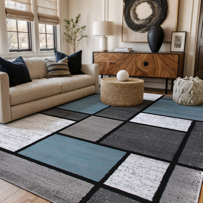 Tapis gris / bleu / noir / blanc à motif floral Carius Performance - motif floral moderne, salon, chambre à coucher, salle à manger, tapis durable et facile à nettoyer