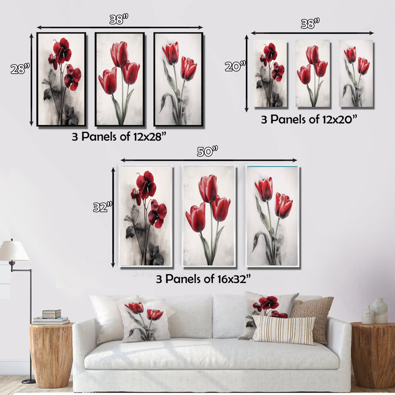 «Red Violets Dreamer», 3 pièces sur toile, Cadre flottant blanc, H 28 po x l 36 po