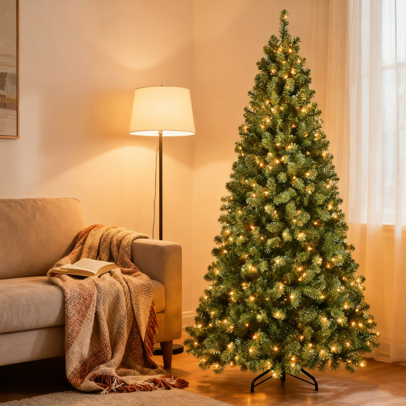 Arbre de Noël pré-éclairé, arbre de Noël artificiel haut de gamme avec lumières et branches en PVC, arbre de Noël à charnières pré-éclairé avec base en métal pour les fêtes, les fêtes et la décoration intérieure