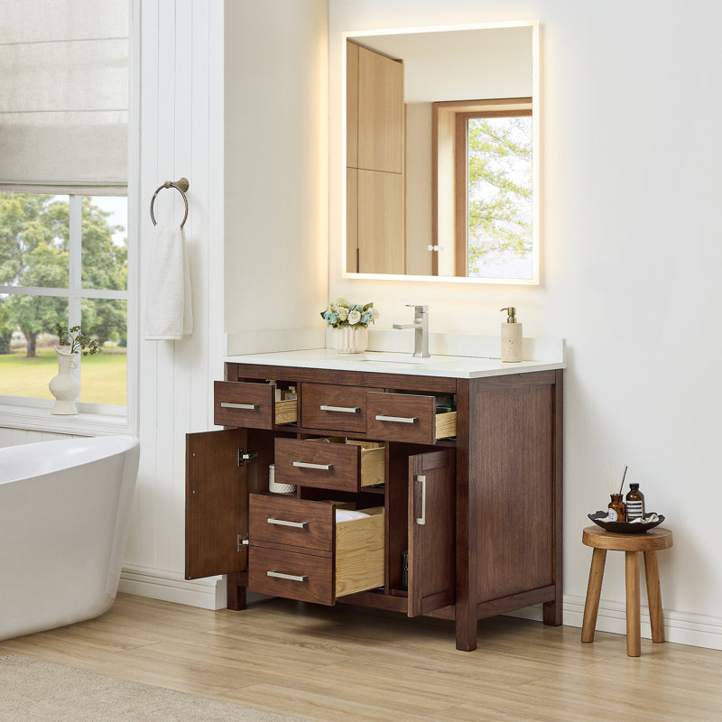 Beckett 42" Freestanding Single Bathroom Vanity with Quartz Top, Brushed Gold, Giotto Quartz, Whitewashed Oak