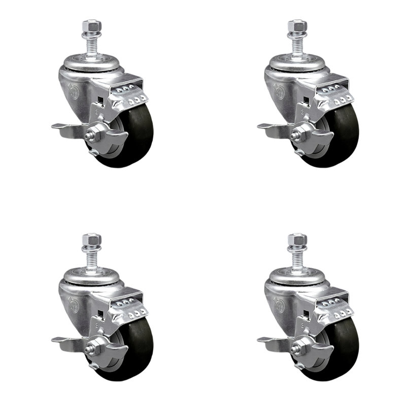 3 Inch_Polyurethane Swivel 12mm Threaded Stem Caster Set with Brake, Black