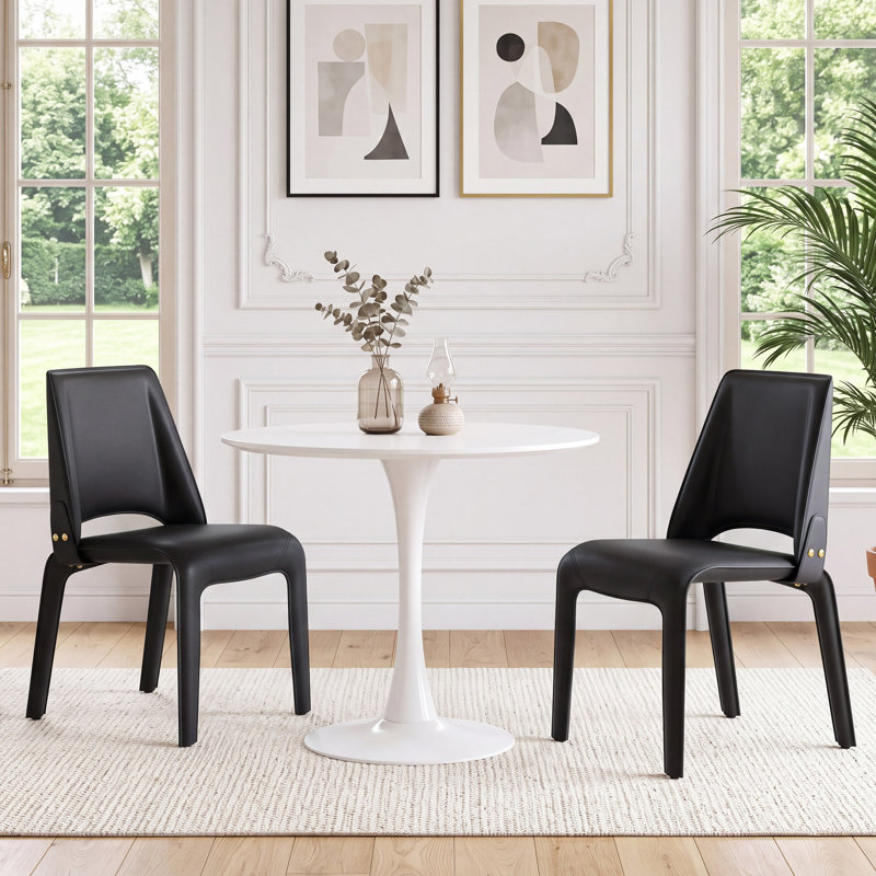 Saddle Leather Dining Chair Upholstered Side Chair With Padded Seat, Armless Vanity Chair With Metal Frame For Dining Living Room Vanity Office, Black