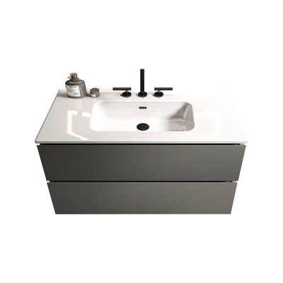 Poignées élégantes - Meuble-lavabo blanc + gris - Lavabo en céramique gris clair E1 pour plan de salle de bain moderne, armoire murale de 36 po de grande capacité avec tiroirs silencieux