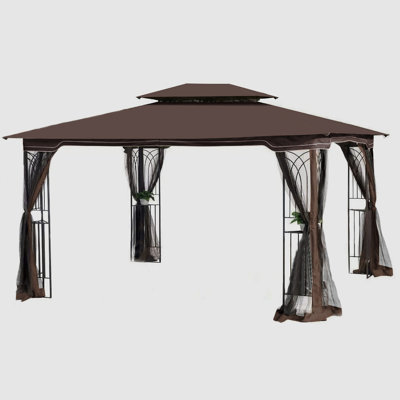 Outdoor 13X10 Gazebo With Stable Legs And Double-Layer Roof - Brown Large Construction Fabric