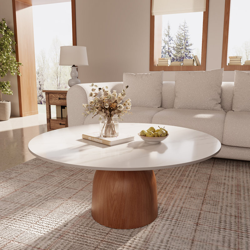 Ikerne Farmhouse Coffee Table Faux Marble Solid Wood Side Table Living Room Center Table 35.43"/41.73"