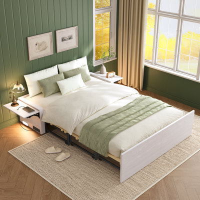 Murphy Bed with 2" Mattress and Nightstands Included, Sofa and Storage Bench Murphy Bed, 3-in-1 Convertible Bed Frame with Charging Port and Nightlight, White Oak