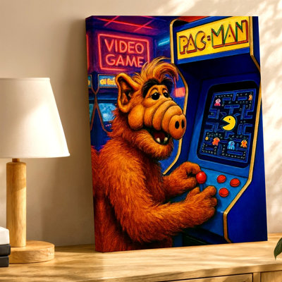 Rétro jeu d'arcade, personnage extraterrestre jouant à un jeu vidéo néon, impression murale