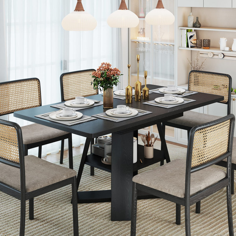 47 Inch - 67 Inch Extendable Dining Table For 4-6, Rectangle Kitchen Table With Removable Leaves And Storage, Black