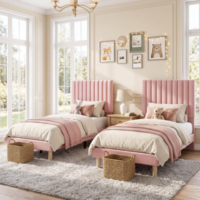 2 Set of Twin Bed Frame with Adjustable Headboard, Velvet Upholstered Platform Twin Size Bed Frame, Strong Wooden Slats, No Box Spring Needed, Easy Assembly, Pink