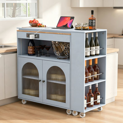 Îlot de cuisine roulant avec table allongée, îlot de cuisine sur roulettes avec lumières DEL, prises de courant et 2 portes en verre cannelé, îlot de cuisine avec compartiment de rangement et 3 tablettes ouvertes latérales
