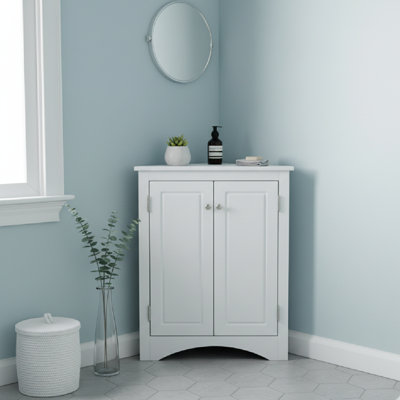 White Triangle Bathroom Storage Cabinet With Adjustable Shelves, Freestanding Floor Cabinet