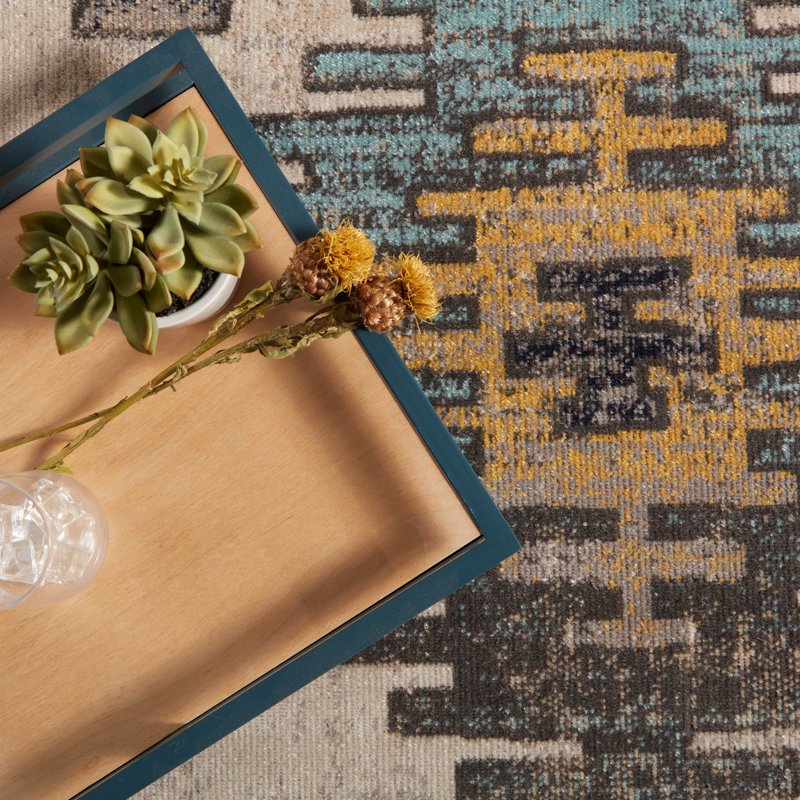 Tapis bleu / jaune intérieur / extérieur Jaipur Living Dez (2 pi x 3 pi), Rectangulaire 2 pi x 3 pi