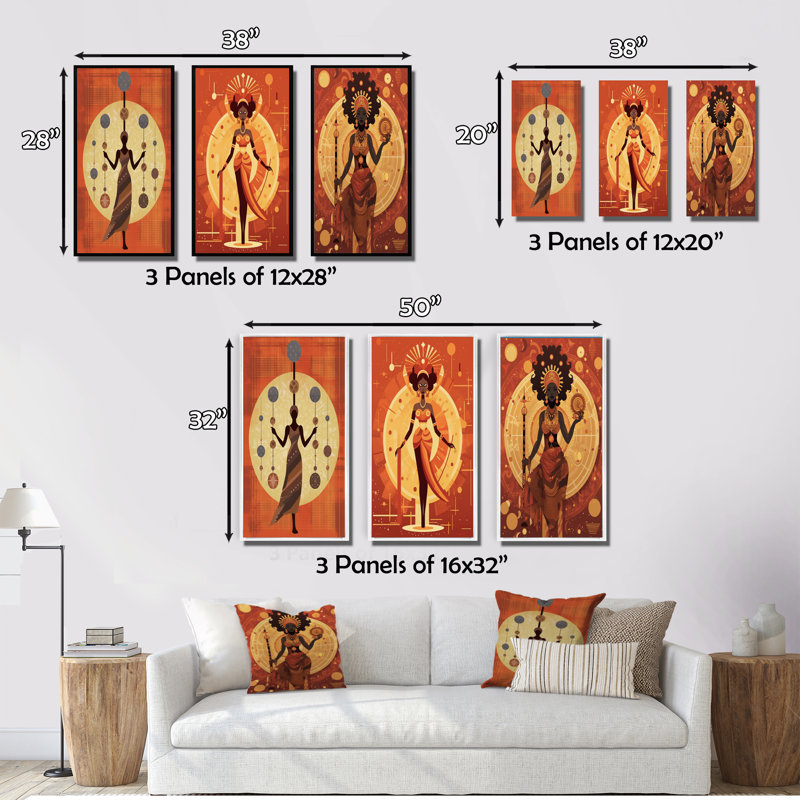 «Graphic Retro African Tribal Goddess», 3 pièces, Toile tendue, H 20 po x l 36 po