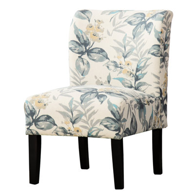Armless Accent Chair In Print With Blue Leaves Themed Fabric Upholstery, Stylish