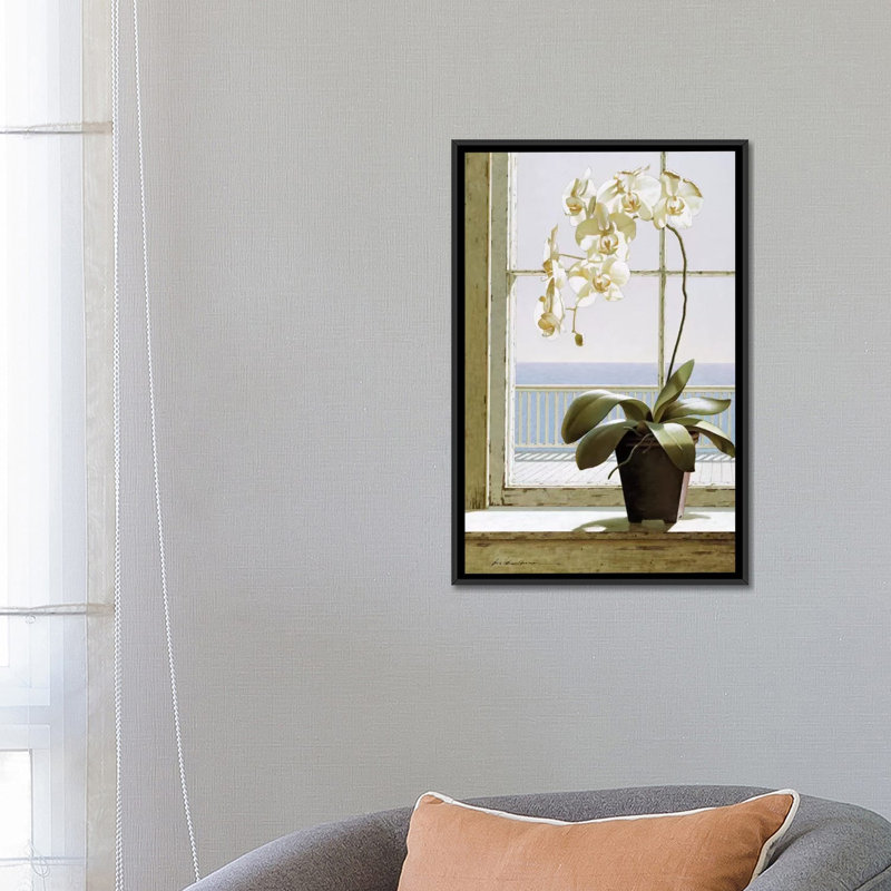 Fleur dans une fenêtre, reproduction d'art sur toile tendue, H 26 po x l 18 po x P 1,5 po, Toile avec cadre noir