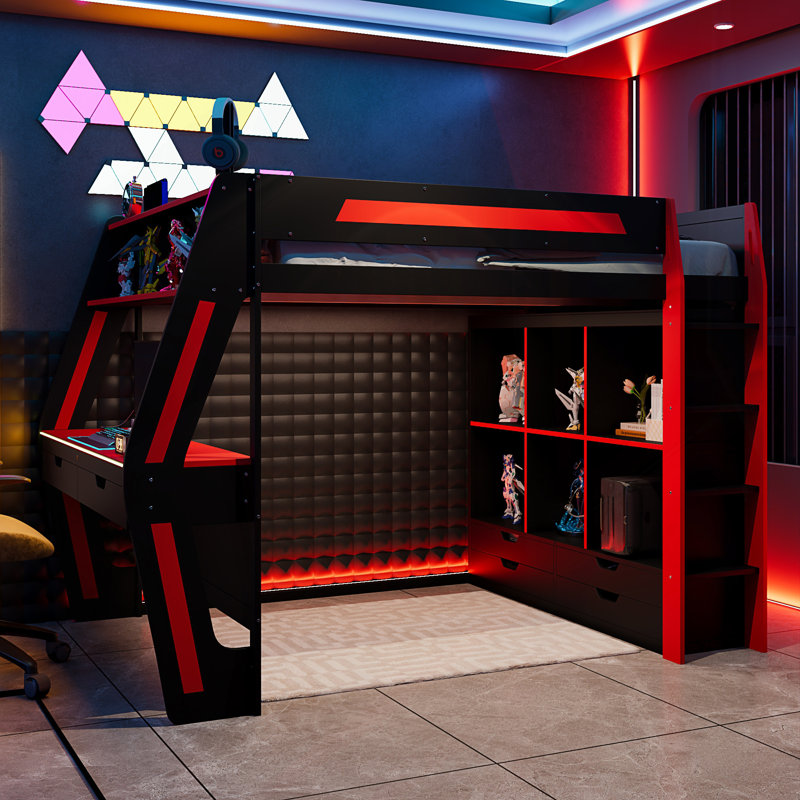 Lit mezzanine double pleine grandeur avec bureau intégré, lumières DEL RVB intelligentes et ports USB, Black+Red