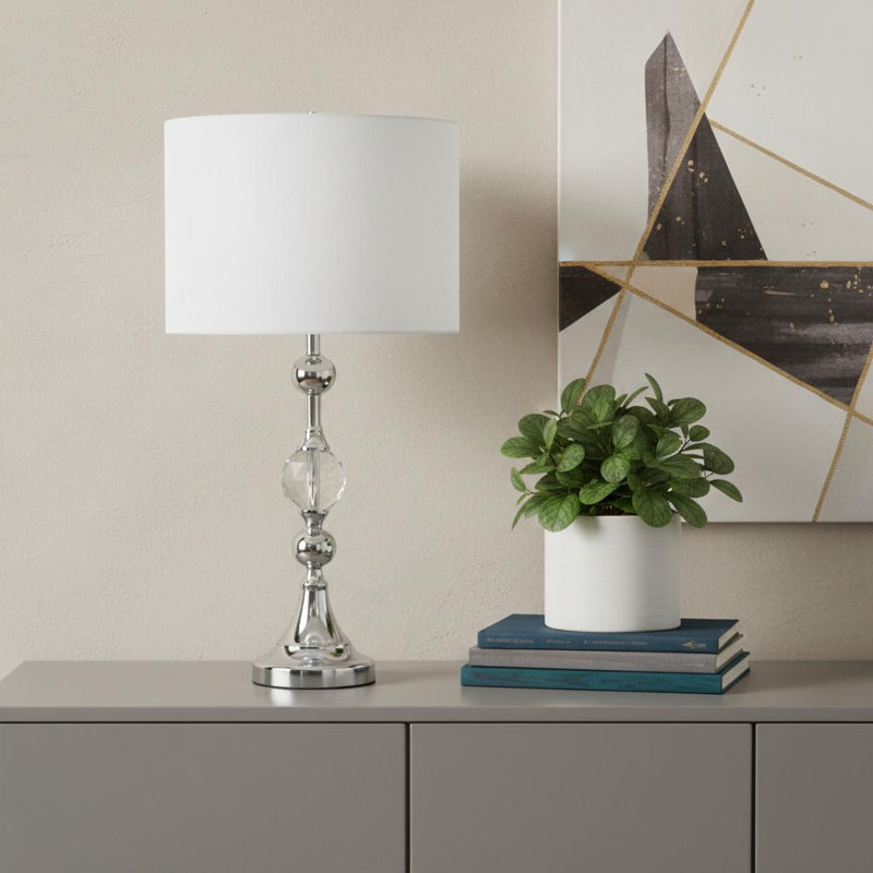 Lampe de chevet 30 po en métal argenté avec abat-jour tambour blanc classique