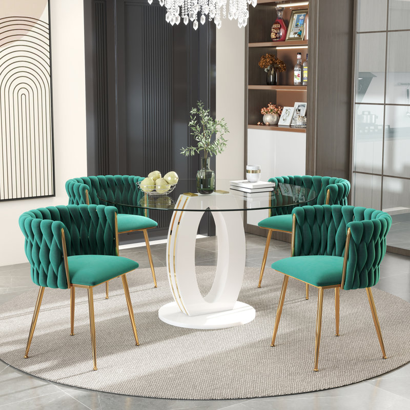 Modern Round Tempered Glass Pedestal Dining Set with Velvet Woven Dininig Chair, Green/Gold, White/Gold