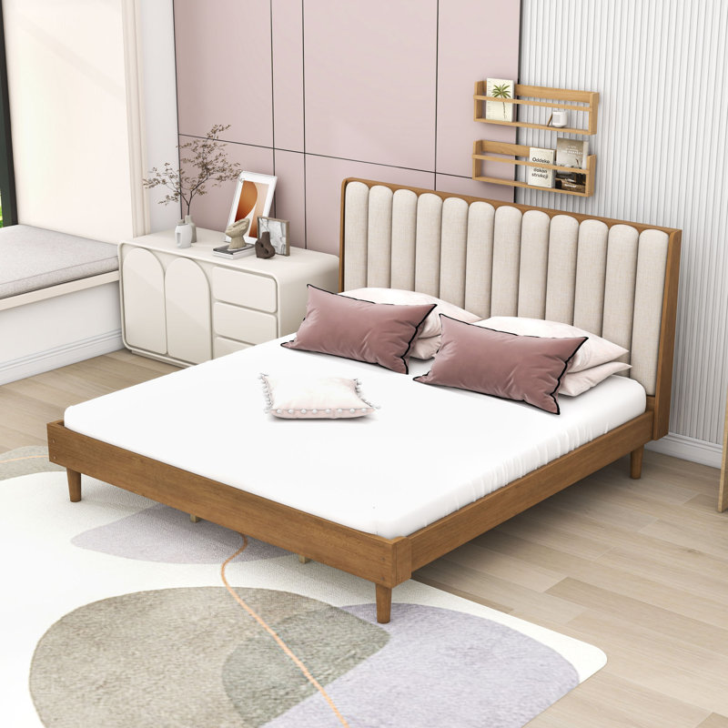Lit plateforme en bois avec tête de lit tapissier, Très grand