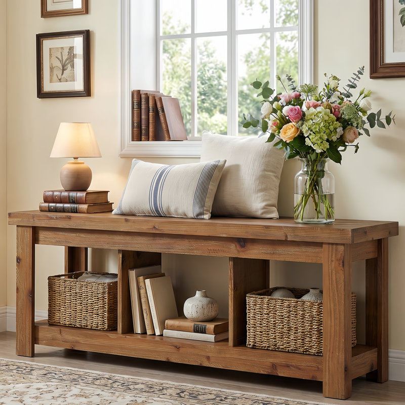 62.99-Inch Solid Wood Console Table, Farmhouse Low Sofa Table TV Media With Storage For Entryway, Living Room, Brown
