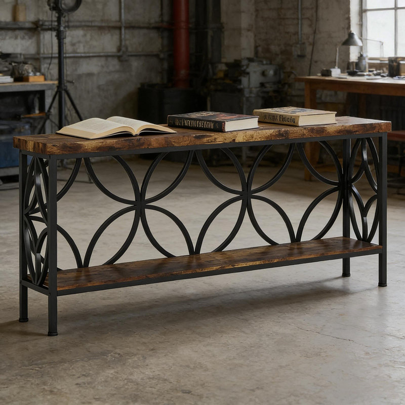 Table basse, canapé industriel, console à 2 niveaux, Noir, Brun rustique