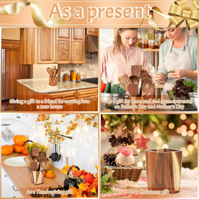 Porte-ustensiles rustique en bois d'acacia pour la cuisine - Décoration de comptoir et organisateur d'outils