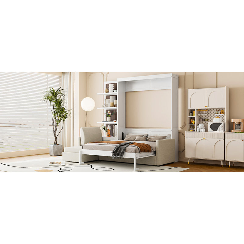 Grand lit escamotable moderne avec canapé multifonctionnel et rangement, design en bois blanc