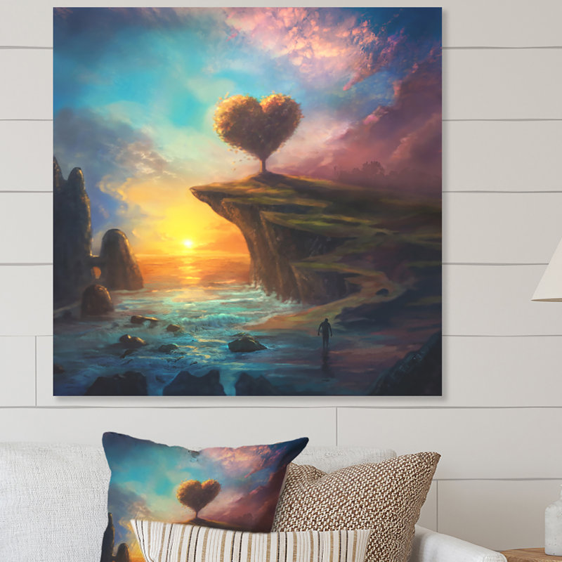 Cœur, paysage coucher de soleil - On, H 16 po x l 16 po x P 1 po, Toile tendue